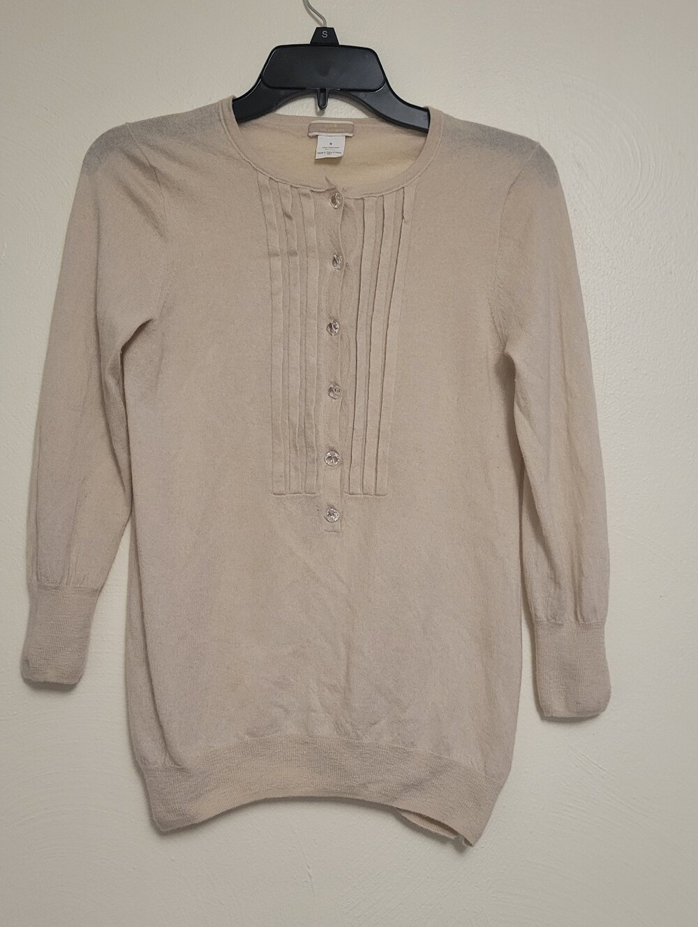 J. Crew 100% Cashmere Cream Pintuck Button-Front Crewneck Sweater Size M